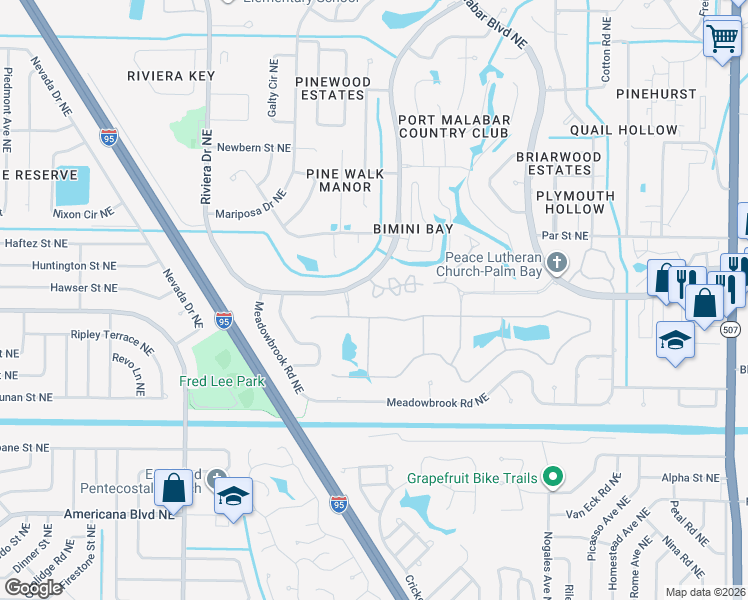 map of restaurants, bars, coffee shops, grocery stores, and more near 2212 Malabar Lakes Drive Northeast in Palm Bay
