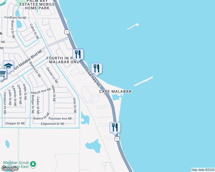 map of restaurants, bars, coffee shops, grocery stores, and more near 4955 Dixie Highway Northeast in Palm Bay