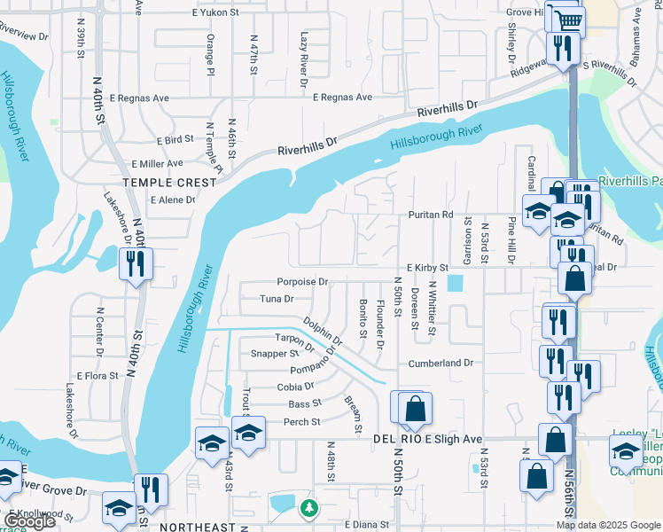 map of restaurants, bars, coffee shops, grocery stores, and more near 4935 Puritan Circle in Tampa