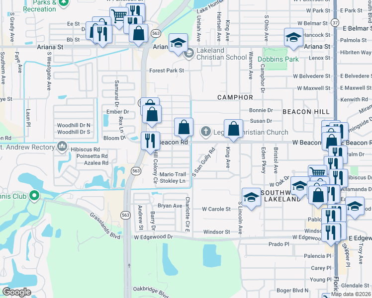 map of restaurants, bars, coffee shops, grocery stores, and more near 810 Hill Colony Circle in Lakeland