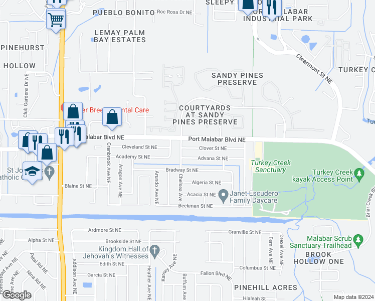 map of restaurants, bars, coffee shops, grocery stores, and more near 2012 Clover Street Northeast in Palm Bay