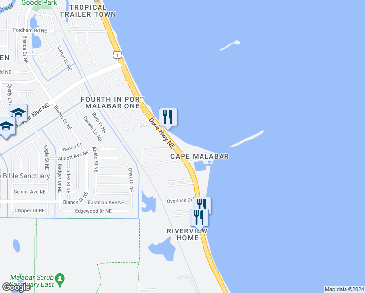 map of restaurants, bars, coffee shops, grocery stores, and more near 4955 Dixie Highway Northeast in Palm Bay