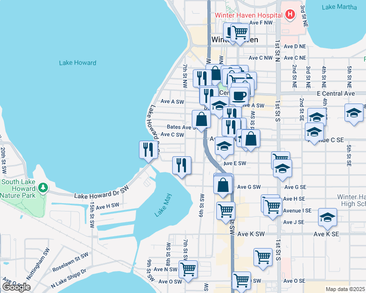 map of restaurants, bars, coffee shops, grocery stores, and more near 330 7th Street Southwest in Winter Haven