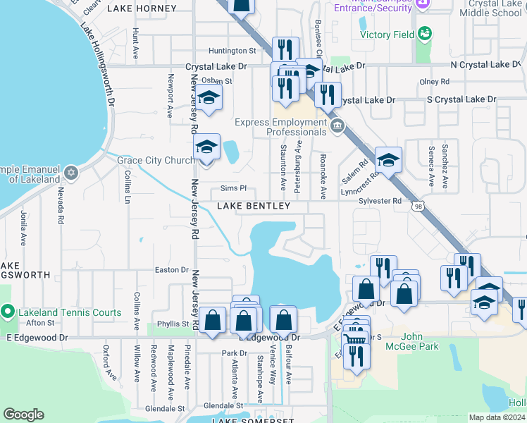 map of restaurants, bars, coffee shops, grocery stores, and more near 1729 Sylvester Road in Lakeland