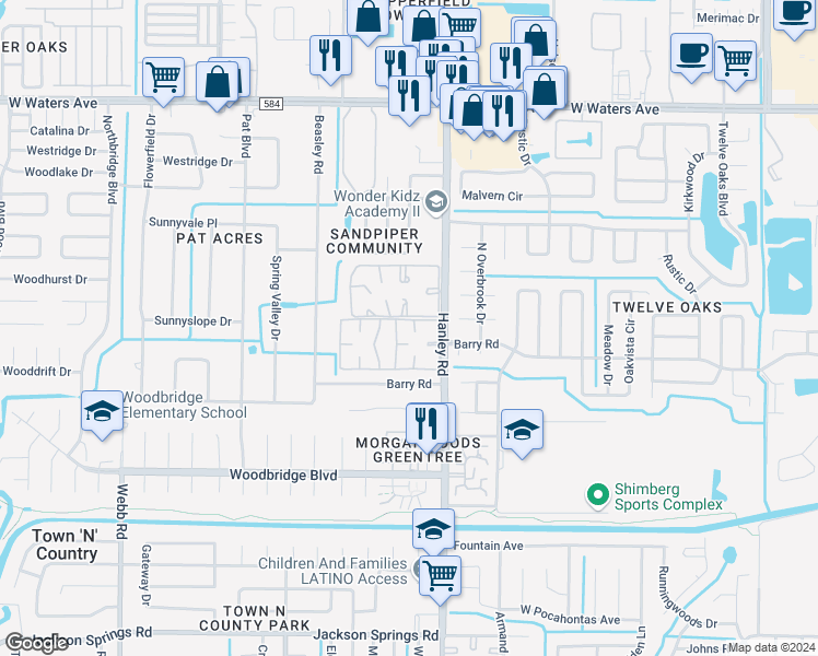 map of restaurants, bars, coffee shops, grocery stores, and more near 7603 Palmera Pointe Circle in Tampa