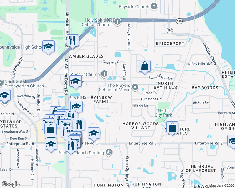map of restaurants, bars, coffee shops, grocery stores, and more near 3042 Dominion Court in Safety Harbor
