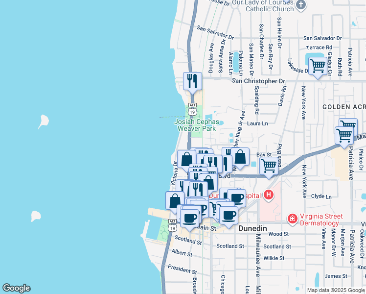 map of restaurants, bars, coffee shops, grocery stores, and more near 1121 Victoria Drive in Dunedin
