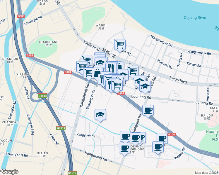 map of restaurants, bars, coffee shops, grocery stores, and more near in Wenzhou