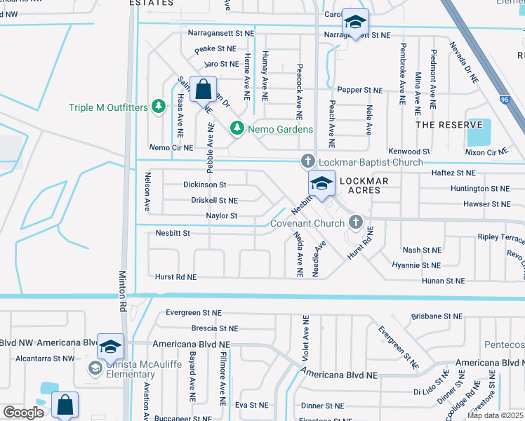 map of restaurants, bars, coffee shops, grocery stores, and more near 286 Driskell Street Northeast in Palm Bay
