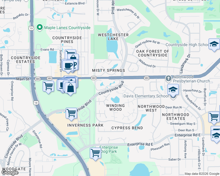 map of restaurants, bars, coffee shops, grocery stores, and more near 2650 Countryside Boulevard in Clearwater