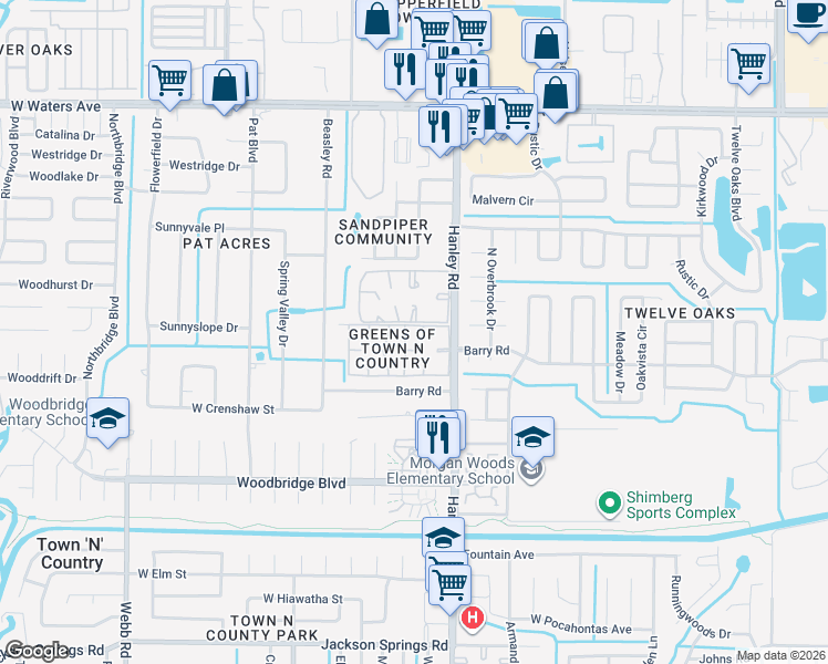 map of restaurants, bars, coffee shops, grocery stores, and more near 7603 Palmera Pointe Circle in Tampa