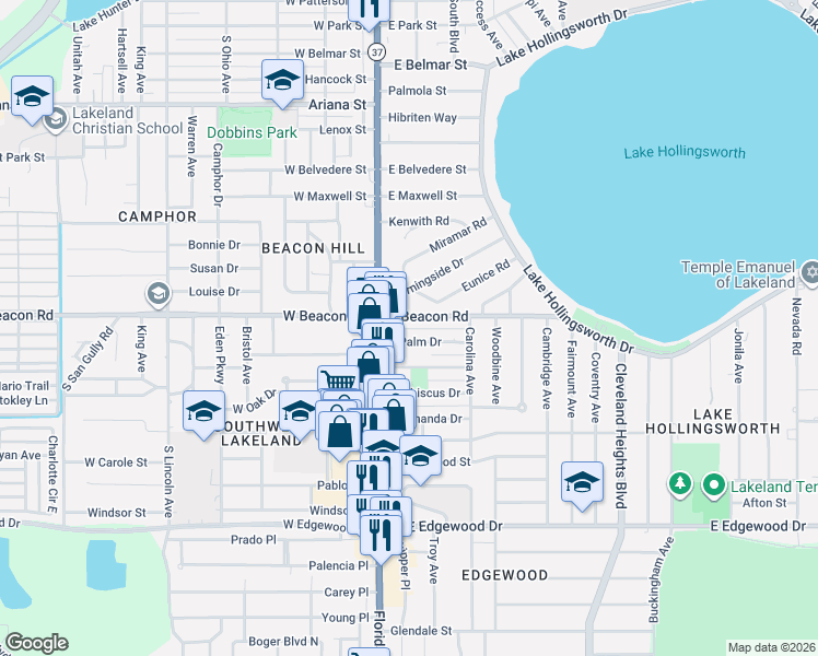 map of restaurants, bars, coffee shops, grocery stores, and more near 211 East Beacon Road in Lakeland