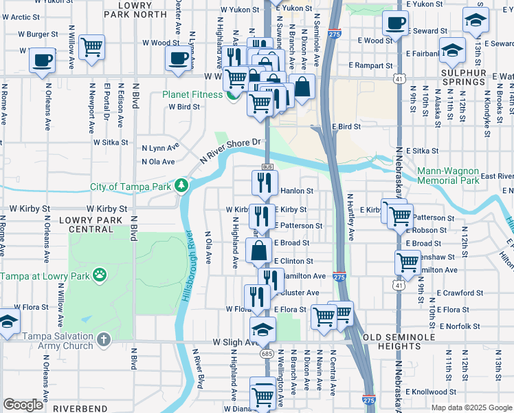 map of restaurants, bars, coffee shops, grocery stores, and more near 107 West Kirby Street in Tampa