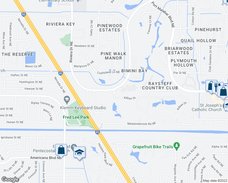 map of restaurants, bars, coffee shops, grocery stores, and more near 896 Riviera Drive Northeast in Palm Bay