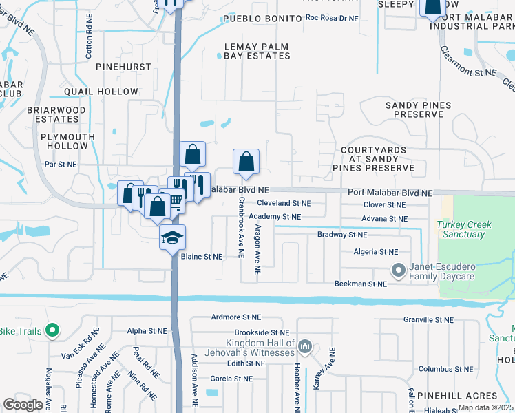 map of restaurants, bars, coffee shops, grocery stores, and more near 1836 Cleveland Street Northeast in Palm Bay