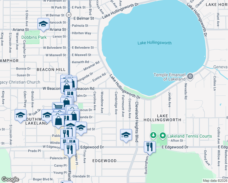 map of restaurants, bars, coffee shops, grocery stores, and more near 2100 Hawthorne Trail in Lakeland