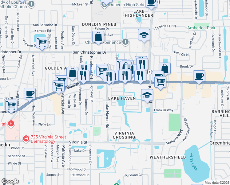 map of restaurants, bars, coffee shops, grocery stores, and more near 1361 Main Street in Dunedin