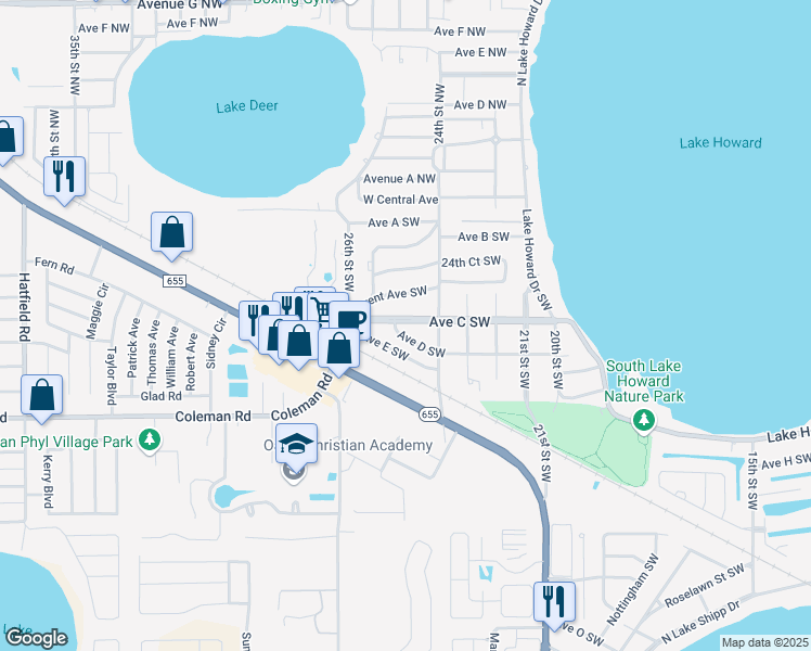 map of restaurants, bars, coffee shops, grocery stores, and more near 2829 West Central Avenue in Winter Haven