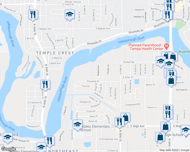 map of restaurants, bars, coffee shops, grocery stores, and more near 7869 Niagara Avenue in Tampa