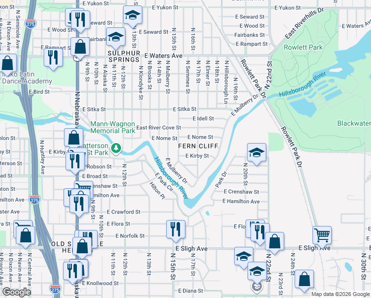 map of restaurants, bars, coffee shops, grocery stores, and more near 1614 East Maple Avenue in Tampa
