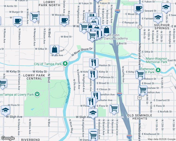 map of restaurants, bars, coffee shops, grocery stores, and more near 116 West Hanlon Street in Tampa