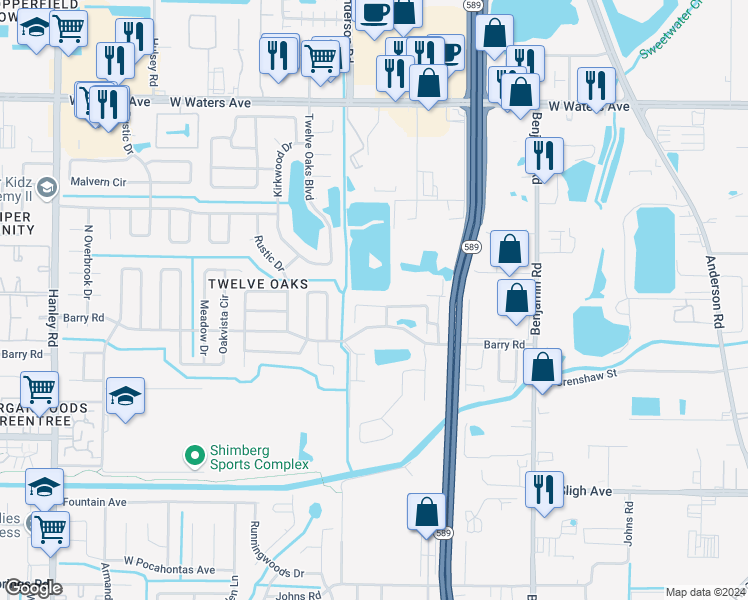 map of restaurants, bars, coffee shops, grocery stores, and more near 6229 Oak Cluster Circle in Tampa