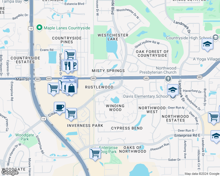 map of restaurants, bars, coffee shops, grocery stores, and more near 2650 Countryside Boulevard in Clearwater