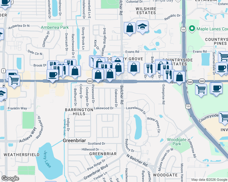 map of restaurants, bars, coffee shops, grocery stores, and more near 2381 Palmwood Drive in Dunedin