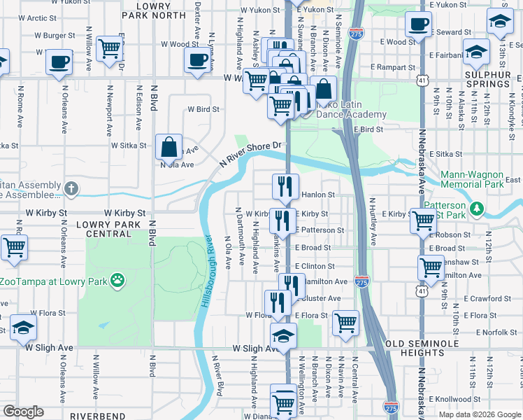 map of restaurants, bars, coffee shops, grocery stores, and more near 116 West Hanlon Street in Tampa