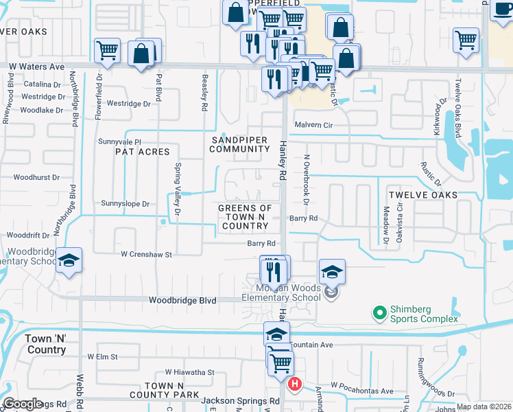 map of restaurants, bars, coffee shops, grocery stores, and more near 7603 Palmera Pointe Circle in Tampa