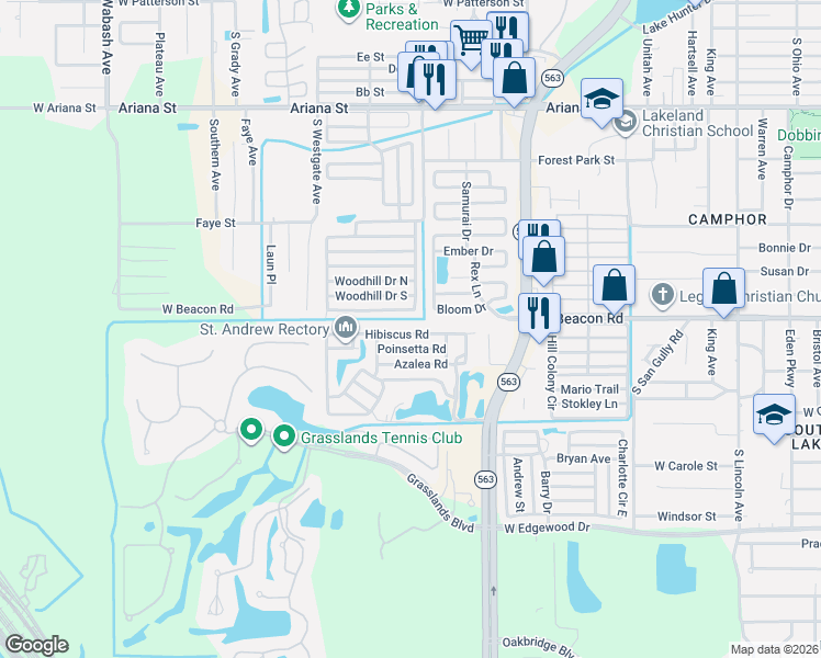 map of restaurants, bars, coffee shops, grocery stores, and more near 106 Hibiscus Road in Lakeland