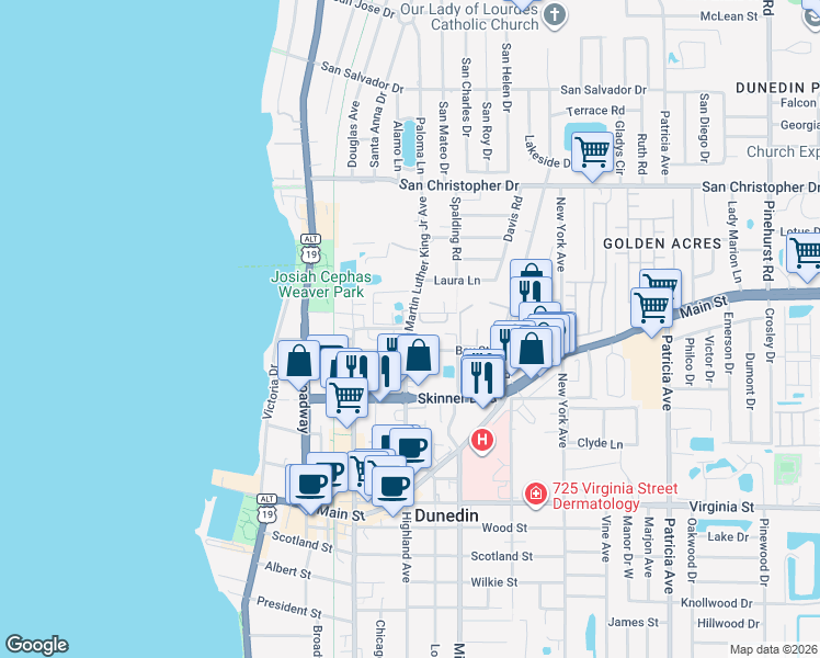 map of restaurants, bars, coffee shops, grocery stores, and more near Martin Luther King Jr Ave & Lorraine Leland St in Dunedin