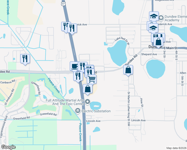 map of restaurants, bars, coffee shops, grocery stores, and more near 623 Dundee Road in Dundee