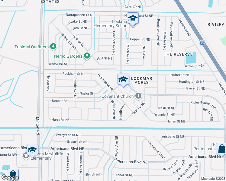 map of restaurants, bars, coffee shops, grocery stores, and more near 460 Neptune Drive Northeast in Palm Bay
