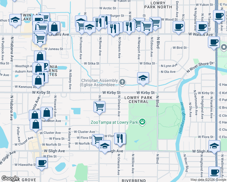 map of restaurants, bars, coffee shops, grocery stores, and more near 1507 West Kirby Street in Tampa