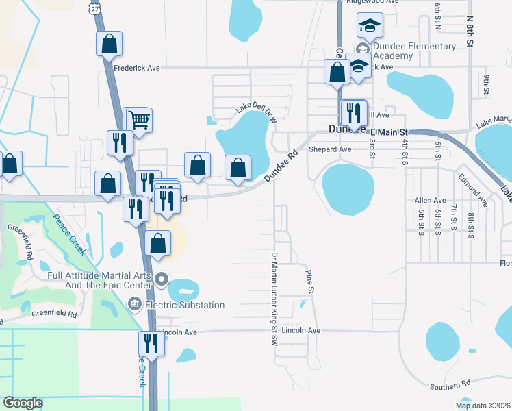 map of restaurants, bars, coffee shops, grocery stores, and more near 217 Dundee Road in Dundee