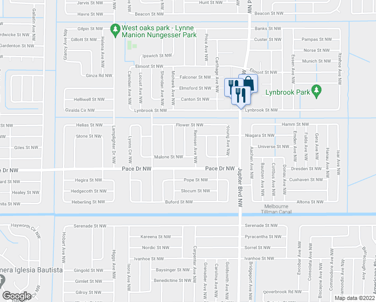 map of restaurants, bars, coffee shops, grocery stores, and more near 820 Hawaii Avenue Northwest in Palm Bay