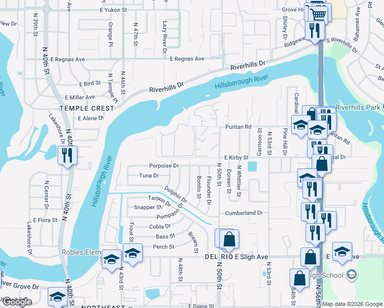 map of restaurants, bars, coffee shops, grocery stores, and more near 7807 Edward Spray Road in Tampa