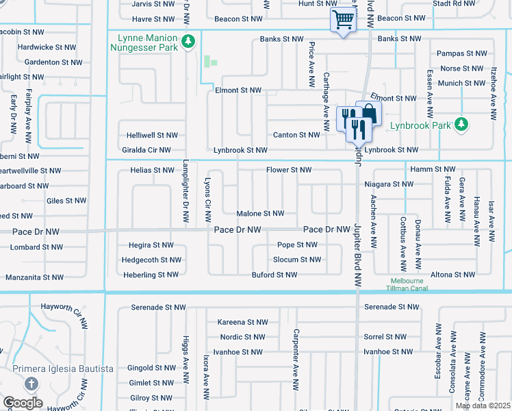 map of restaurants, bars, coffee shops, grocery stores, and more near 825 Tyrol Avenue Northwest in Palm Bay