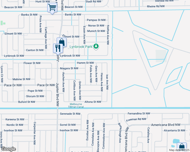 map of restaurants, bars, coffee shops, grocery stores, and more near 845 Fulda Avenue Northwest in Palm Bay