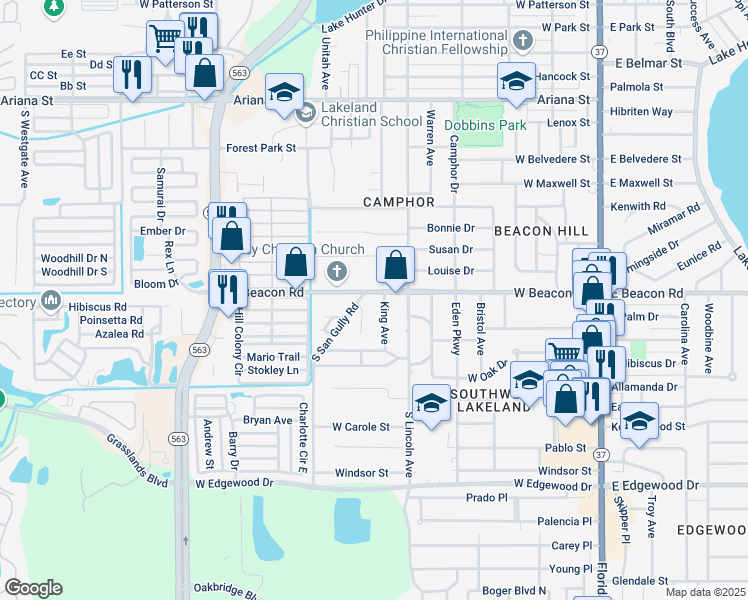 map of restaurants, bars, coffee shops, grocery stores, and more near 2116 Brandy Place in Lakeland