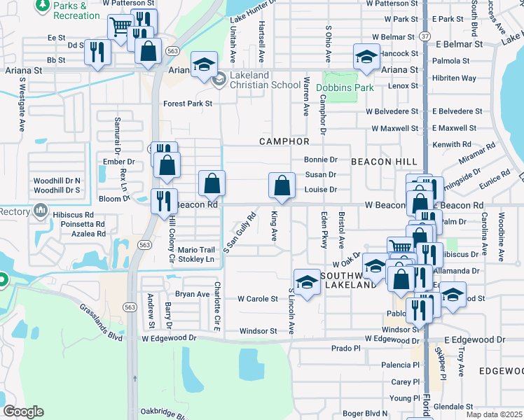 map of restaurants, bars, coffee shops, grocery stores, and more near in Lakeland