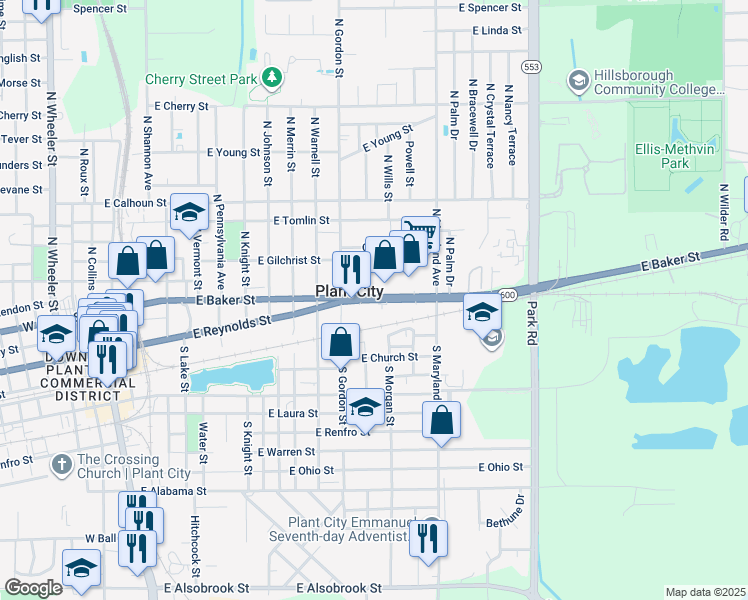 map of restaurants, bars, coffee shops, grocery stores, and more near 1386-1408 East Baker Street in Plant City