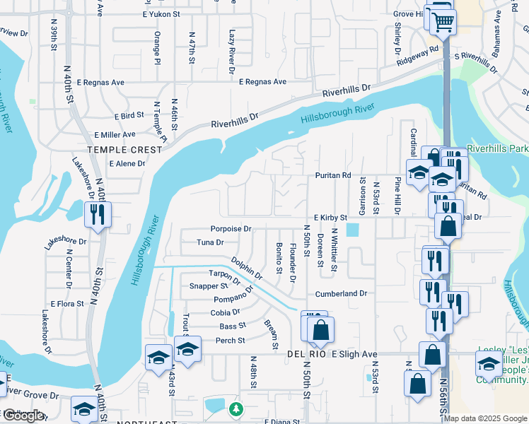 map of restaurants, bars, coffee shops, grocery stores, and more near 7807 Edward Spray Road in Tampa