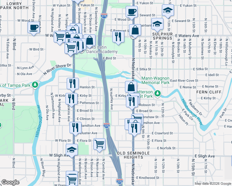 map of restaurants, bars, coffee shops, grocery stores, and more near 7706 North Taliaferro Avenue in Tampa