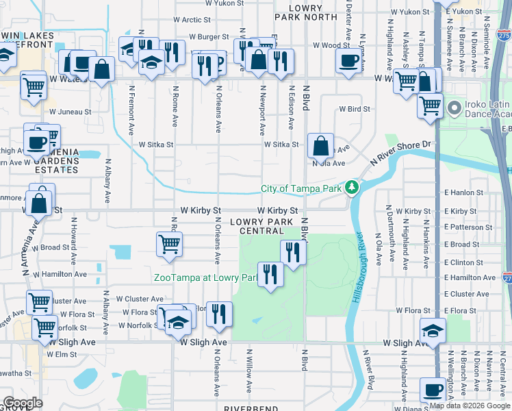 map of restaurants, bars, coffee shops, grocery stores, and more near 1107 West Kirby Street in Tampa