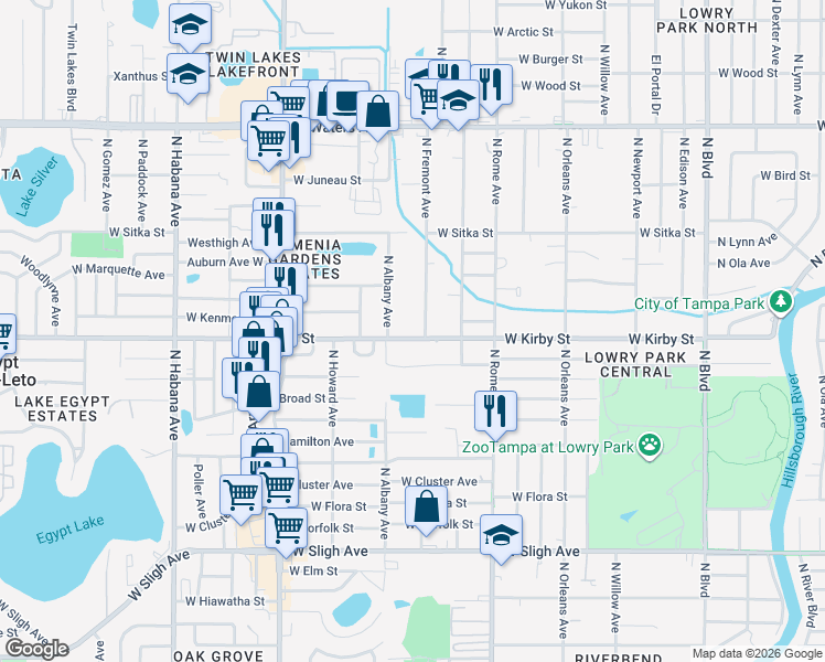 map of restaurants, bars, coffee shops, grocery stores, and more near 7904 North Fremont Avenue in Tampa