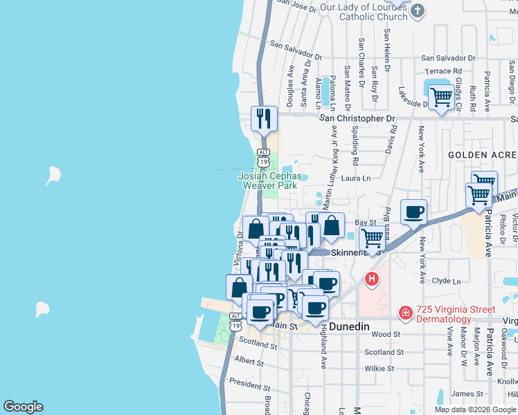 map of restaurants, bars, coffee shops, grocery stores, and more near 1125 Broadway in Dunedin
