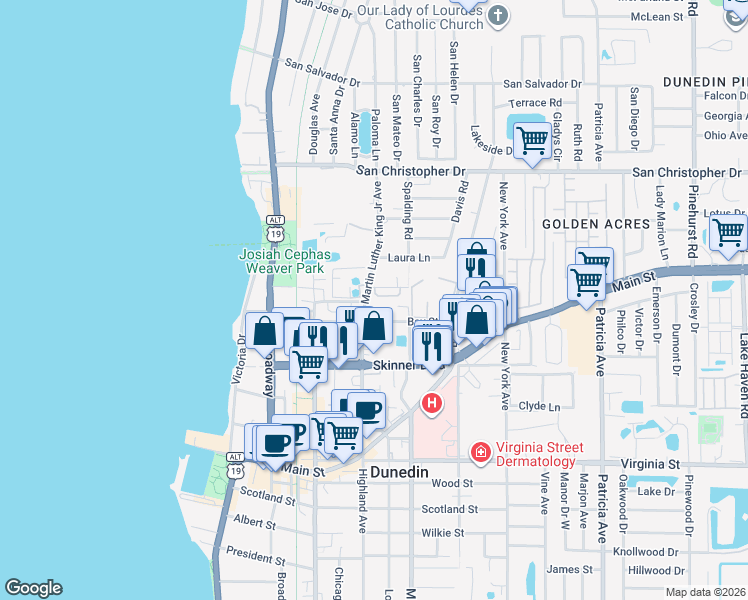 map of restaurants, bars, coffee shops, grocery stores, and more near 567 Shady Grove Drive in Dunedin