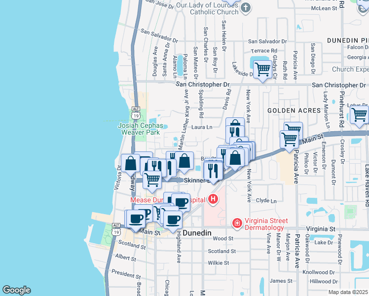 map of restaurants, bars, coffee shops, grocery stores, and more near 567 Shady Grove Drive in Dunedin